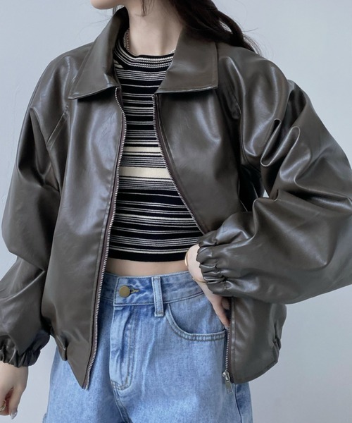 ショートジャケット フェイクレザー オシャレ アウター 2色 Ada. ブルゾン アウター フェイクレザー ショート ジャケット