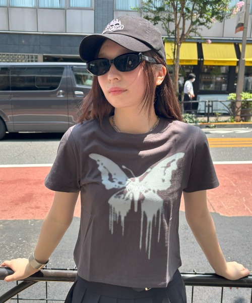 tシャツ 「mahagrid/マハグリッド」 BUTTERFLY GOTH CROP TEE/蝶クロップ Tシャツ レディース