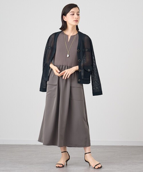美品 アナイ　布帛コンビキーネック ワンピース　カーキ 布帛コンビキーネック ワンピース | ANAYI/アナイ | 三越伊勢丹