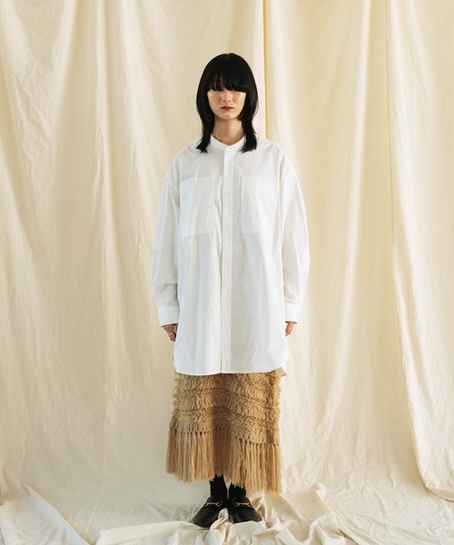 サイト ロングシャツ Aphlotus シャツ サイドスリット ダブルポケット スタンドカラー