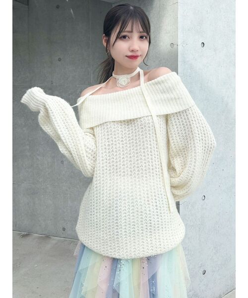 dazzlin ニット セーター ワッフルオフショルコサージュニット