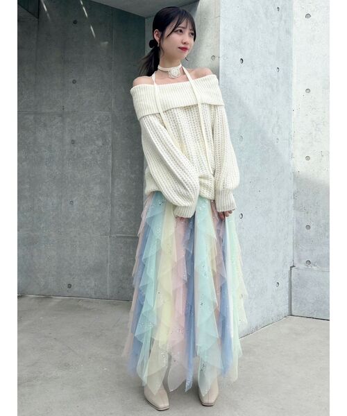 dazzlin ニット セーター ワッフルオフショルコサージュニット