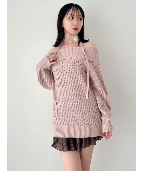 dazzlin ニット セーター ワッフルオフショルコサージュニット