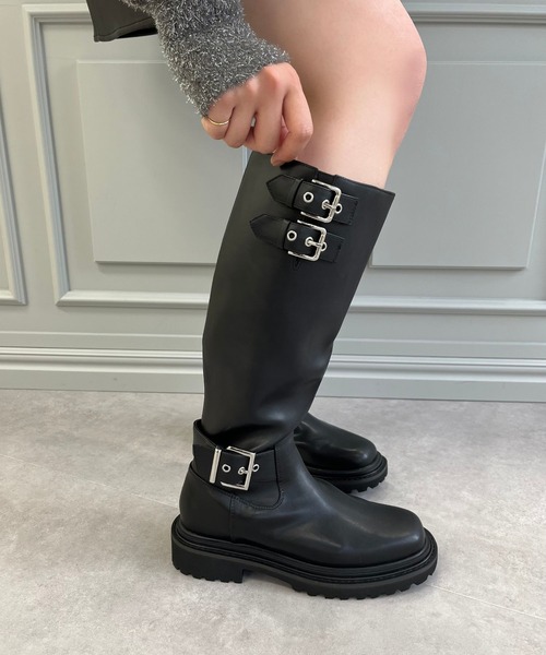 花　D&G ブラック ロングブーツ ORiental TRaffic（オリエンタルトラフィック） ブーツ ベルトデザイン