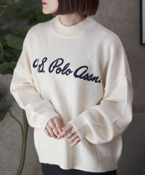 美USED ANEW GOLF メンズ モックネックボーダー刺繍ロゴニット GOLF】レーヨンミックスナイロンストレッチモックネックカットソー/T