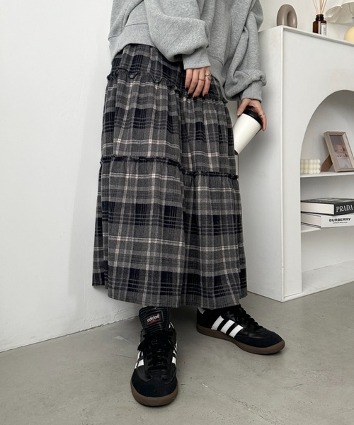 CLEA スカート チェック柄ティアードロングスカート : ZOZOTOWN