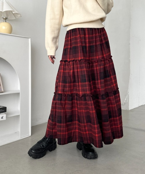 値下げ RhodolirioN パッチワーク柄ティアードロングスカート CLEA スカート チェック柄ティアードロングスカート : ZOZOTOWN