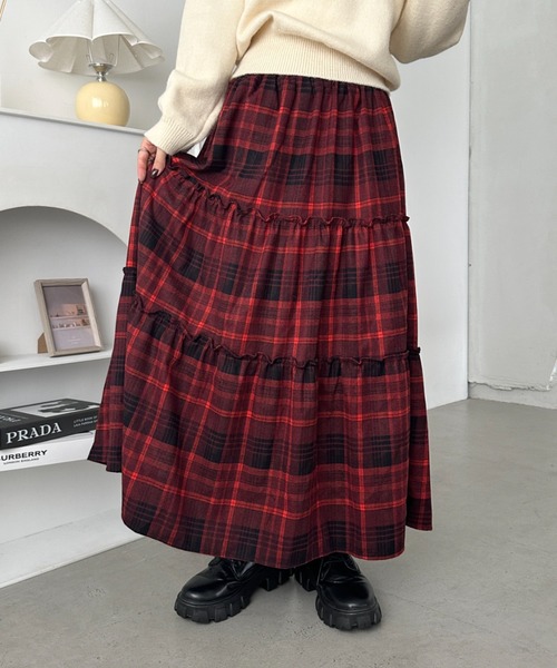 ハンドメイド　レッド　チェック　ティアード　ロングスカート ベストセラー☆】チェックティアードロングスカート（スカート