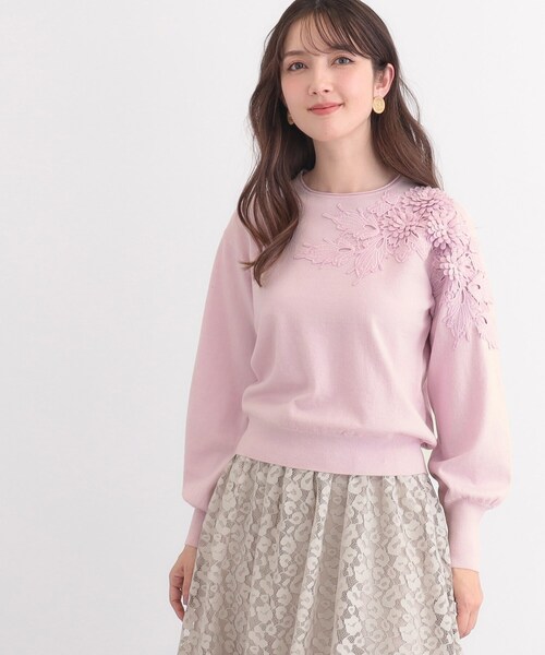 ニット セーター 「春まで着られる／衿元レース／ふわふわ」ケミカルレースニット レディース