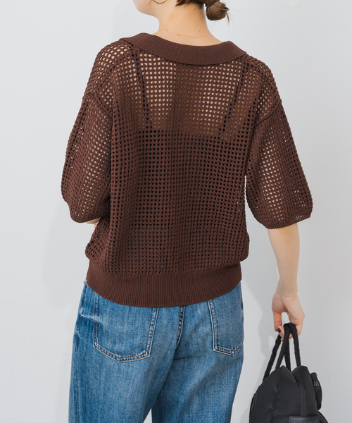ニット セーター MESH KNIT LOOSE ポロシャツ レディース Spick＆Span ニット セーター メッシュポロシャツハーフスリーブ