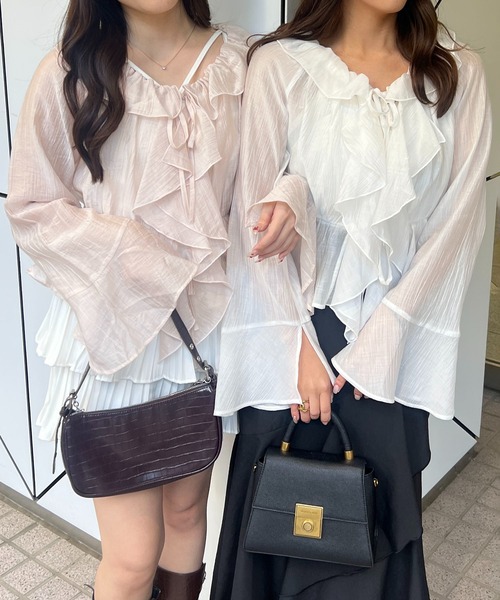 ナイスクラップ 楊柳レースブラウス natural couture】楊柳シャーリングリボンブラウス | NICE CLAUP