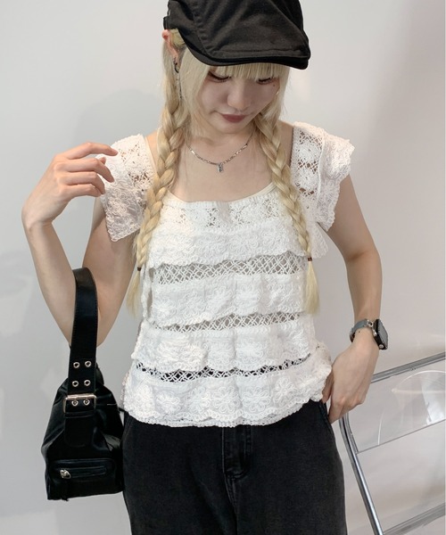 tシャツ フリルドロストノースリーブＴＯＰＳ レディース tシャツ フリルクロシェ ノースリーブトップス レディース