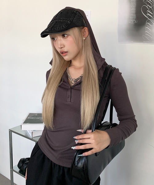 lilful tシャツ ヘンリーネック ベーシック リブロンTパーカー