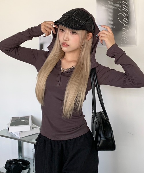 Henly パーカー lilful tシャツ ヘンリーネック ベーシック リブロンTパーカー スノーボード