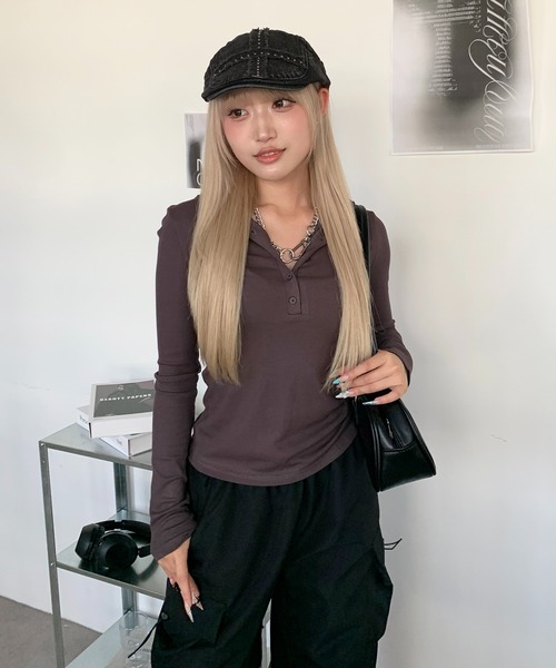 lilful tシャツ ヘンリーネック ベーシック リブロンTパーカー