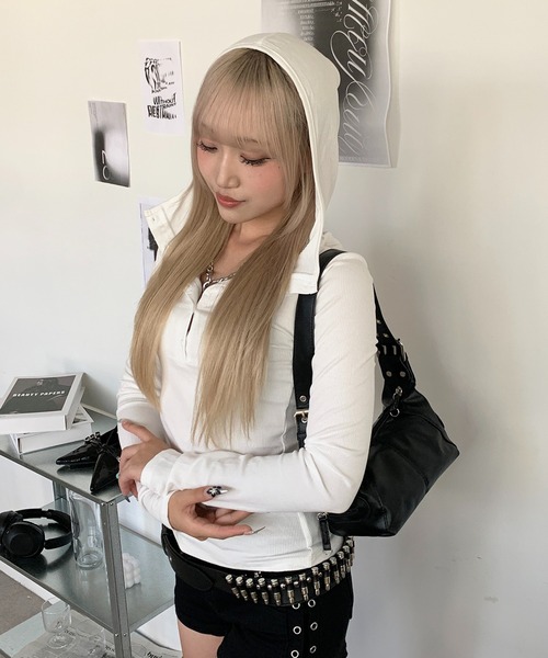 lilful tシャツ ヘンリーネック ベーシック リブロンTパーカー