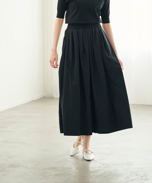 ランダムタックボリュームスカート　ブラック N.O.R.C スカート 撥水ランダムタックボリュームスカート「NYLON WATER