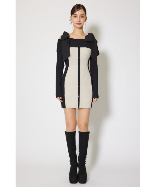 rienda（リエンダ） ワンピース バイカラーオフショルリボンニットミニ