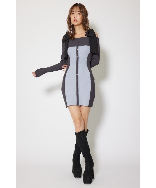 rienda（リエンダ） ワンピース バイカラーオフショルリボンニットミニ