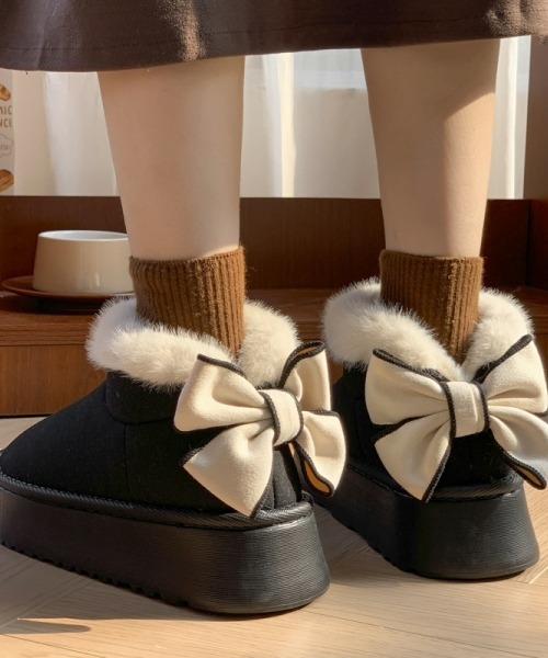 gossip!ロサンゼルス ブーツ Y2Kガーリー レトロ厚底×リボン もこもこ