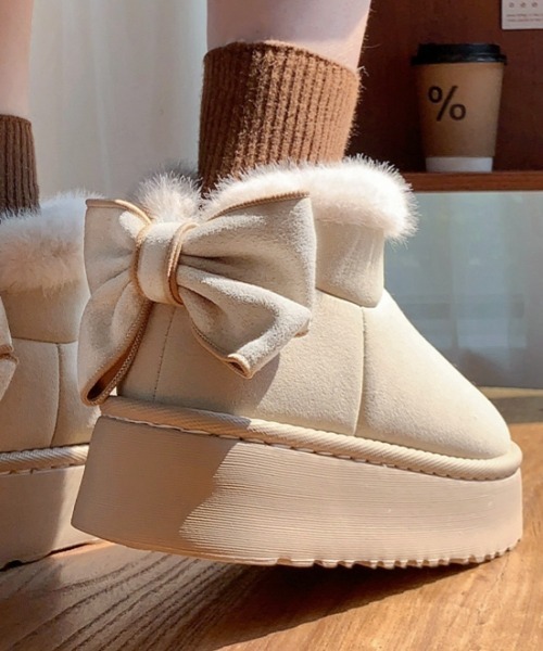 gossip!ロサンゼルス ブーツ Y2Kガーリー レトロ厚底×リボン もこもこ