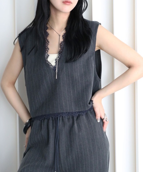 YENNA ベスト ジレ 夏 ストライプ柄 レース切替Vネックベスト