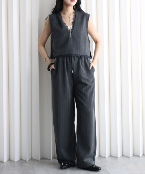YENNA ベスト ジレ ストライプ柄 レース切替Vネックベスト