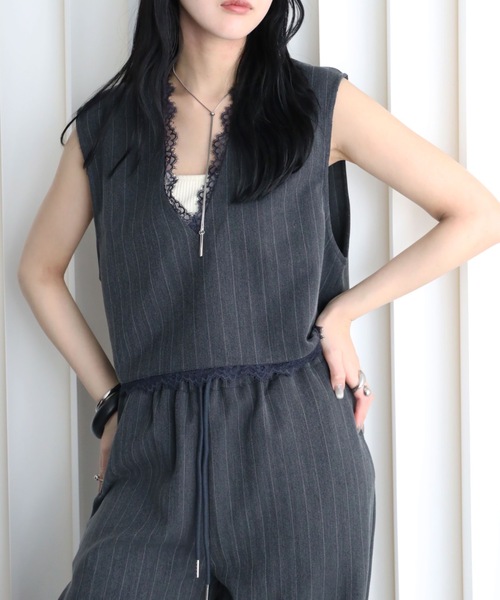YENNA ベスト ジレ 夏 ストライプ柄 レース切替Vネックベスト