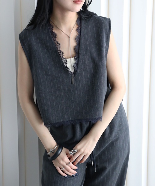 YENNA ベスト ジレ 夏 ストライプ柄 レース切替Vネックベスト