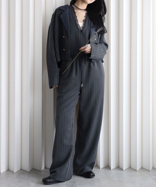 YENNA ベスト ジレ ストライプ柄 レース切替Vネックベスト