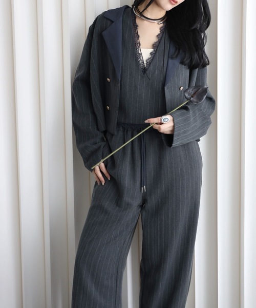 YENNA ベスト ジレ 夏 ストライプ柄 レース切替Vネックベスト