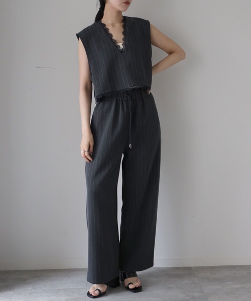 Belvest バーニーズ別注 段返り ストライプ セットアップ 背抜き 46 YENNA ベスト ジレ 夏 ストライプ柄 レース切替Vネックベスト