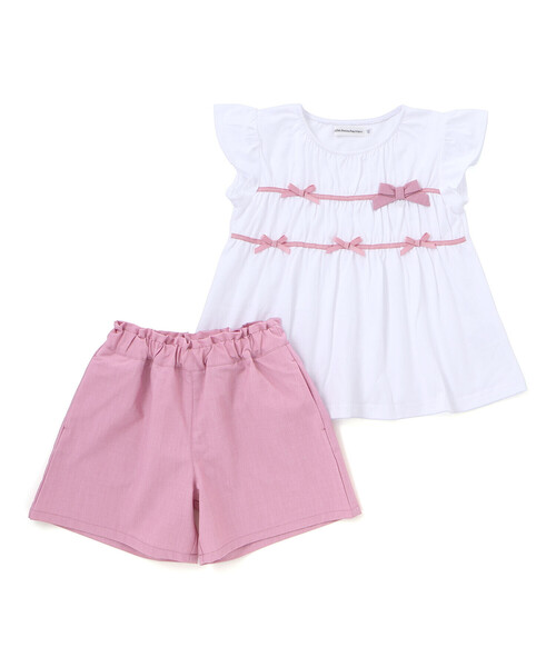2点セット☆送料無料☆ピンクの水玉ボレロ風スタイ&ふりふりベビーパンツ BeBe Petits Pois Vert（ベベ プチ ポワ ヴェール） セットアップ
