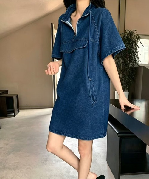 Herlipto デニムワンピース 半袖 FAVORITO ワンピース 半袖 スタンドカラーデニムワンピース : ZOZOTOWN