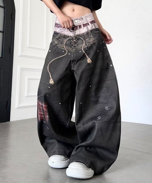 GEMEDA ジーンズ デニム デニムパンツ Y2kプリントデニムパンツ 