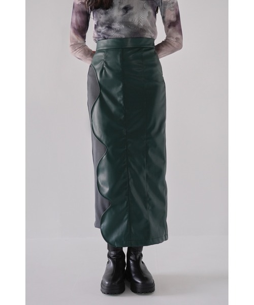 Uenui スカート ウェーブ カッティング タイトスカート フェイクレザー