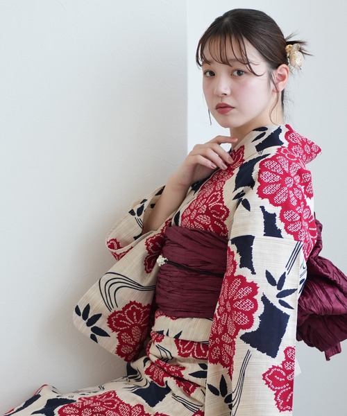大人浴衣　本染注染　綿コーマ地 扇面と草花に流水　手縫い仕立て utatane 浴衣 手染め注染浴衣3点セット utatane×注染工房 先染め
