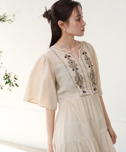関税送料込【MACDUGGAL】ミディワンピース 刺繍 フレア ブラウン 谷口美佳さん監修】MIJカットソーフレアワンピース | おしゃれな
