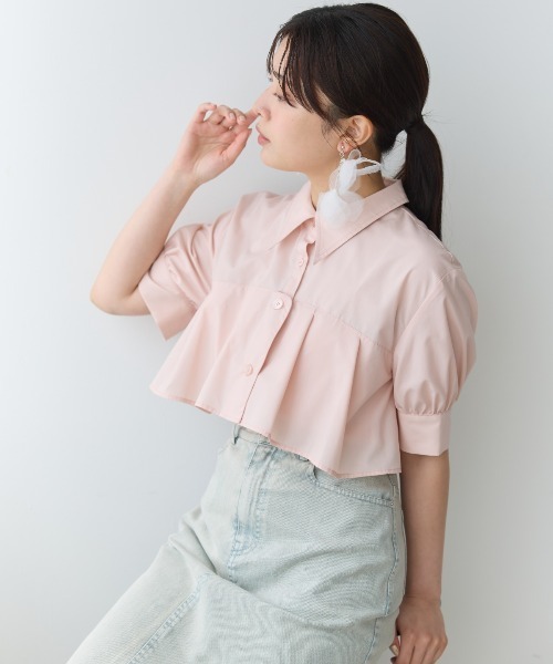 ebure エブール⁑レーヨンコットン ハーフスリーブワイドシャツ　ベビーピンク AND COUTURE（アンドクチュール） ブラウス シャツ ヨークデザイン