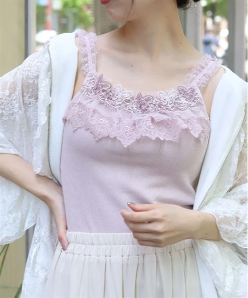 axes femme キャミソール カップ付き蝶々レースキャミ