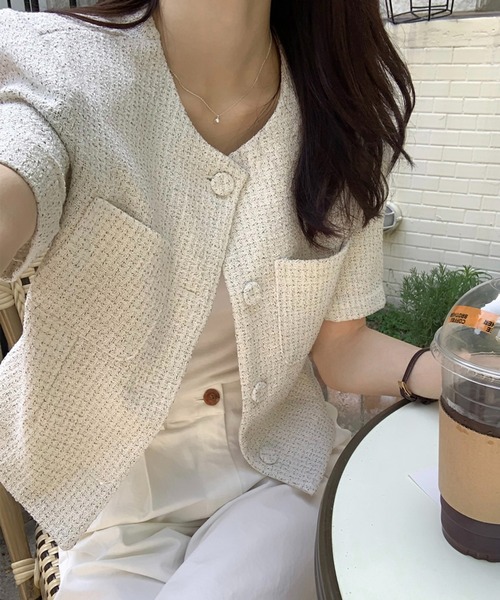Estella.Kノーカラーサマーツイードジャケット Estella.K ジャケット ノーカラージャケット Gigi Tweed Little