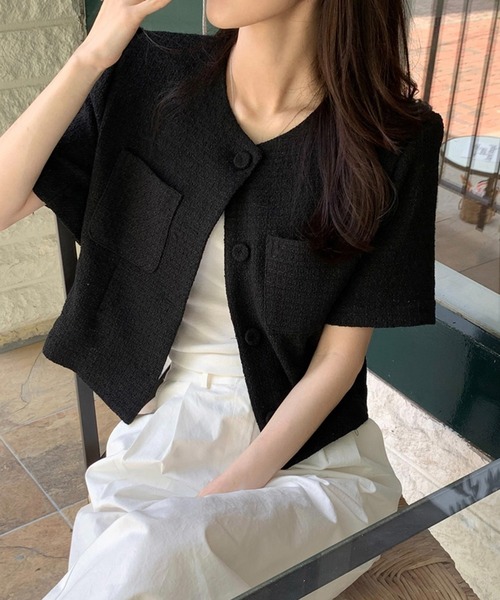 Estella.Kノーカラーサマーツイードジャケット Estella.K ジャケット ノーカラージャケット Gigi Tweed Little