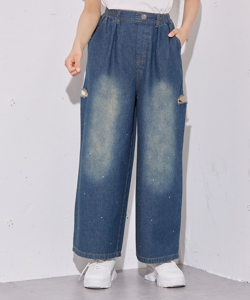 BISKEE ワイドパンツ パンツ ラインストーンデニムパンツ キッズ 子供