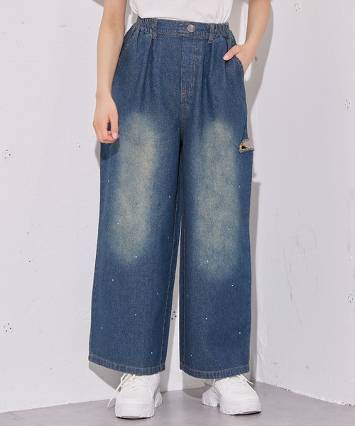 BISKEE ワイドパンツ パンツ ラインストーンデニムパンツ キッズ 子供