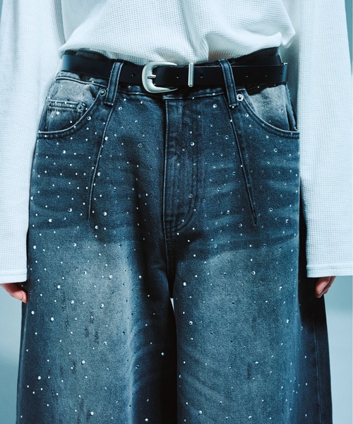 Camphor wood ワイドパンツ ジーンズ WIDE BAGGY RHINESTONE DENIM
