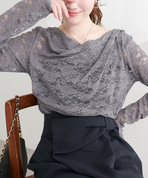 美品45R リネン100% レース 透かし編み プルオーバーカットソー Tシャツ natural couture tシャツ ドレープレースプルオーバー レディース