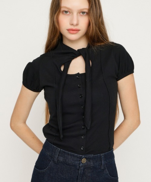 SLY スライFRONT BUTTON GATHER TIE TOPS ブラック SLY（スライ） tシャツ 半袖 FRONT BUTTON TIE TOPS フロントボタン