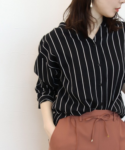Jines（ジネス） ブラウス シャツ ストライプ柄・Vネック前飽き比翼釦