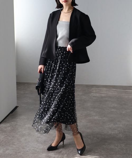 ノーカラーフレアラインジャケット ジャケット アウター レディース 春服 秋服 セール】【セットアップ対応】ノーカラー フレアライン