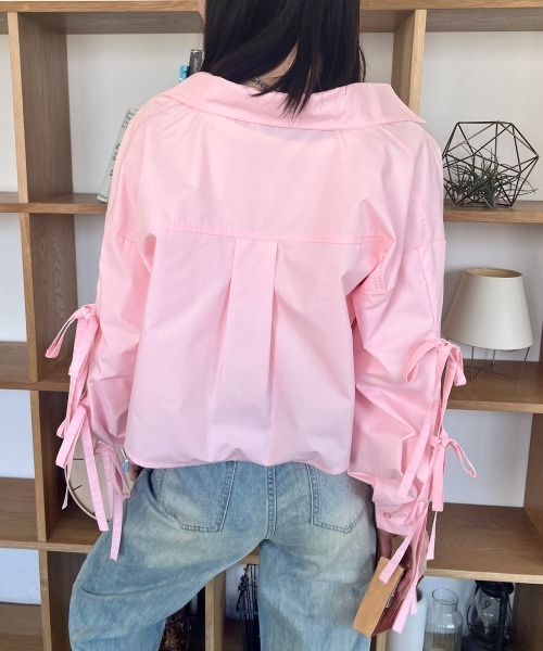 ブラウス シャツ りぼん袖 ショート丈長袖シャツ レディース
